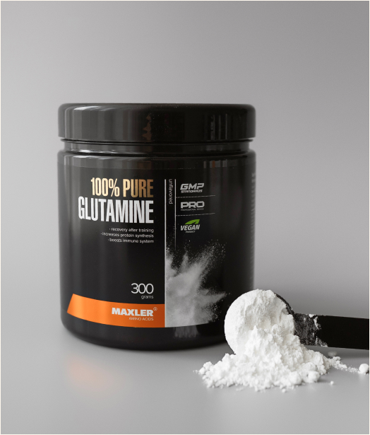 100% Pure Glutamine can and scoop with powder
