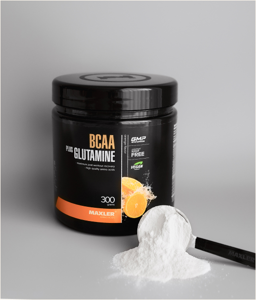 BCAA+Glutamine can and a scoop with powder
