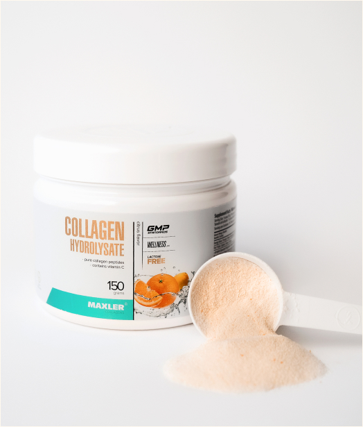 Collagen Hydrolysate can and a sccoop with powder
