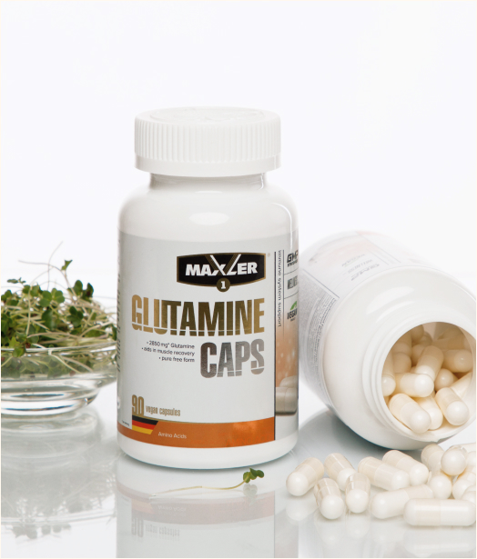 Glutamine caps bottle and capsules