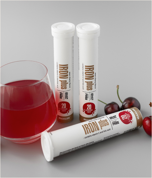 Iron Plus Effervescent Tablets tubes and cherries