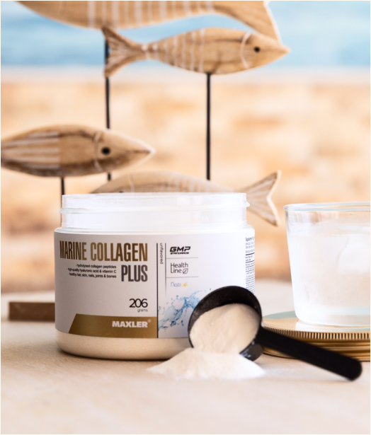 Marine Collagen Plus can and scoop with powder