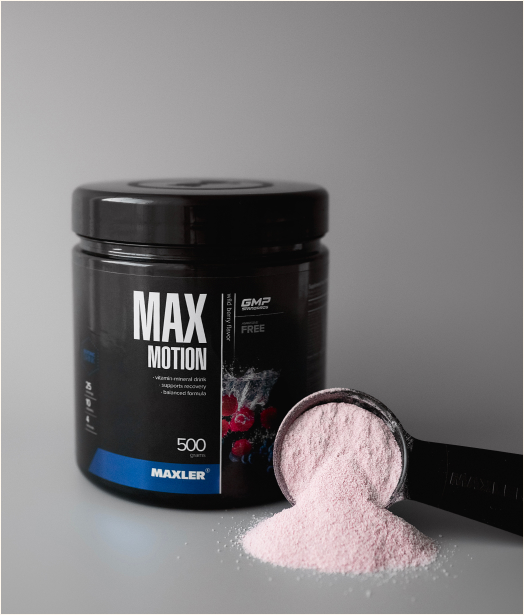 Max Motion 500g can and a scoop with powder