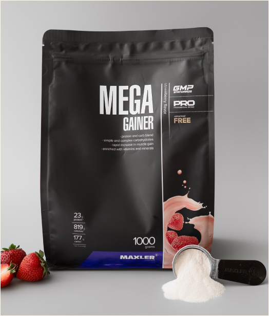 Mega Gainer 1000 g bag and scoop with powder