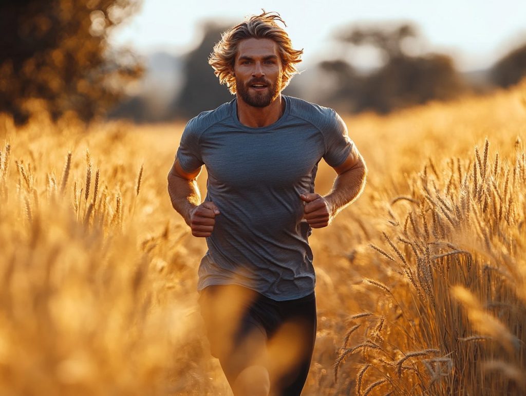 Fit man running through a golden wheat field in the late afternoon, wearing a gray athletic shirt and black leggings