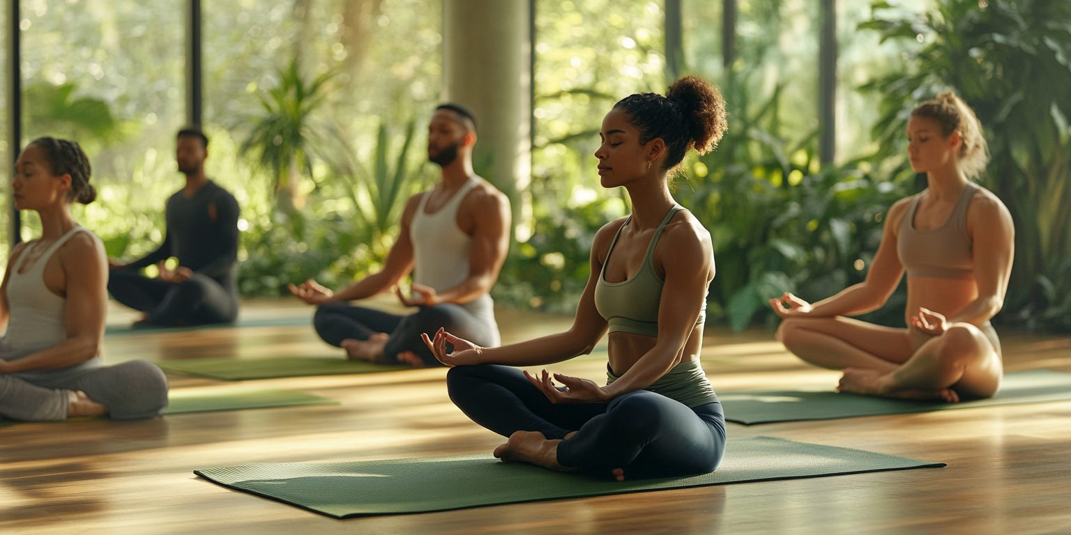 Diverse group of people practicing meditation in a serene yoga studio with large windows and lush greenery in the background