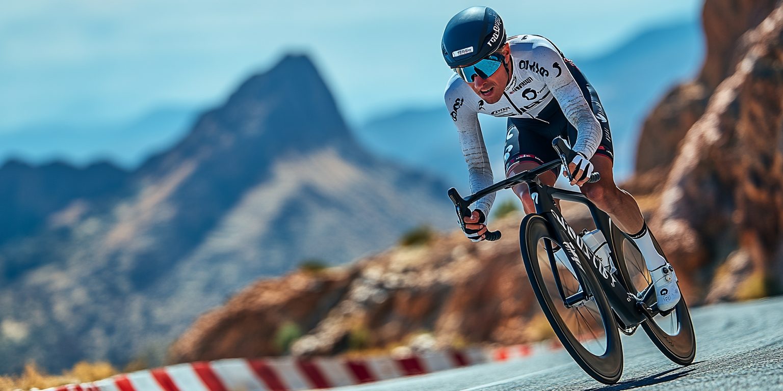 Professional cyclist training on a winding mountain road, pushing endurance and performance to the limit