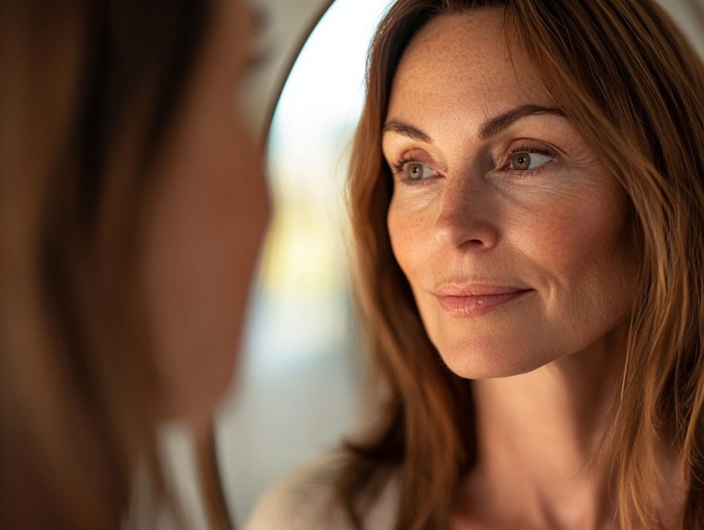 A stunning woman in her 40s with a natural glow gazes at her reflection in the mirror, exuding confidence and grace