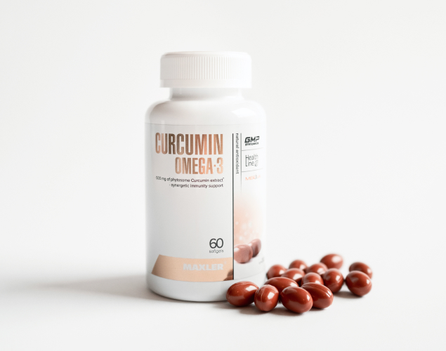 Curcumin Omega 3 capsules and a can